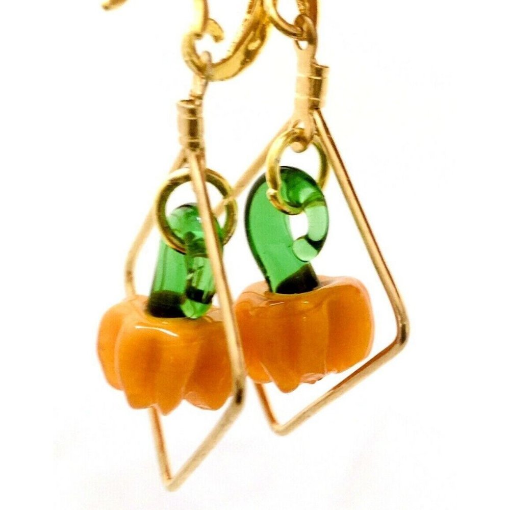 Fruit Salad Vtg Pumpkin Czech Glass Lampwork Bead Earrings Orange & Green